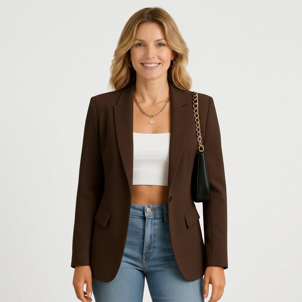 Women’s Single Button Tailored Blazer – Notched Lapel Longline Style