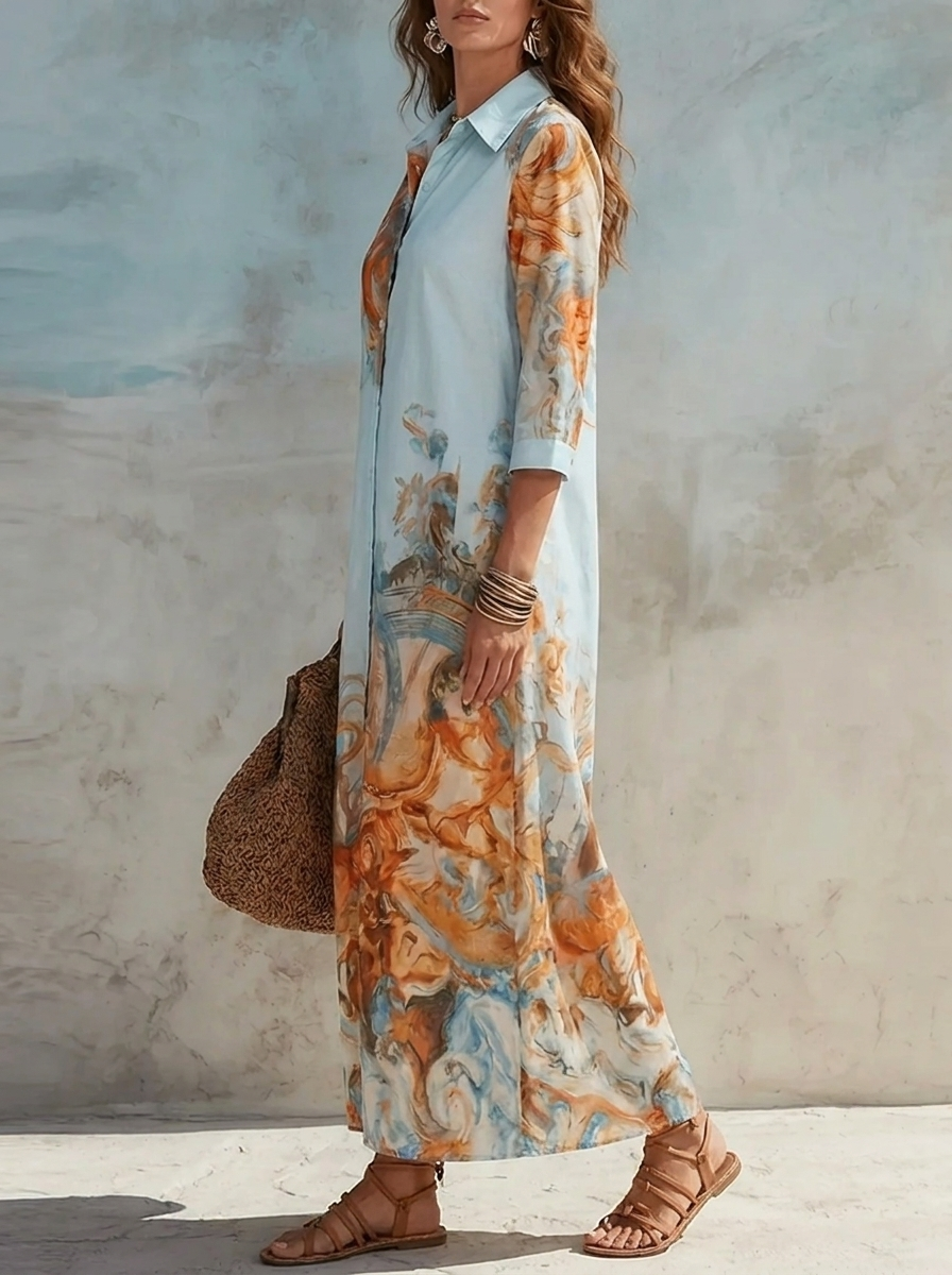 Robe-chemise longue boutonnée à col et imprimé abstrait pour femme