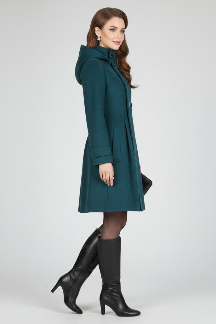 Women's Hooded Double Button Fit and Flare Coat