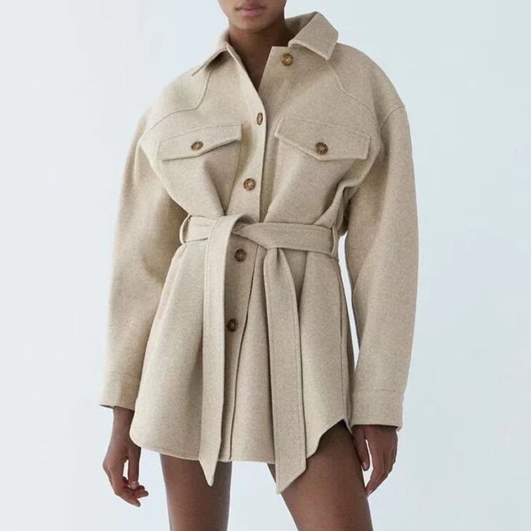 Women's Belted Shirt Jacket with Flap Pockets