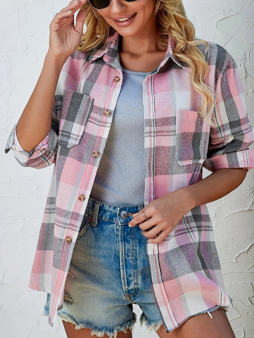 Surchemise-chemise en flanelle à carreaux oversize pour femme, boutonnée
