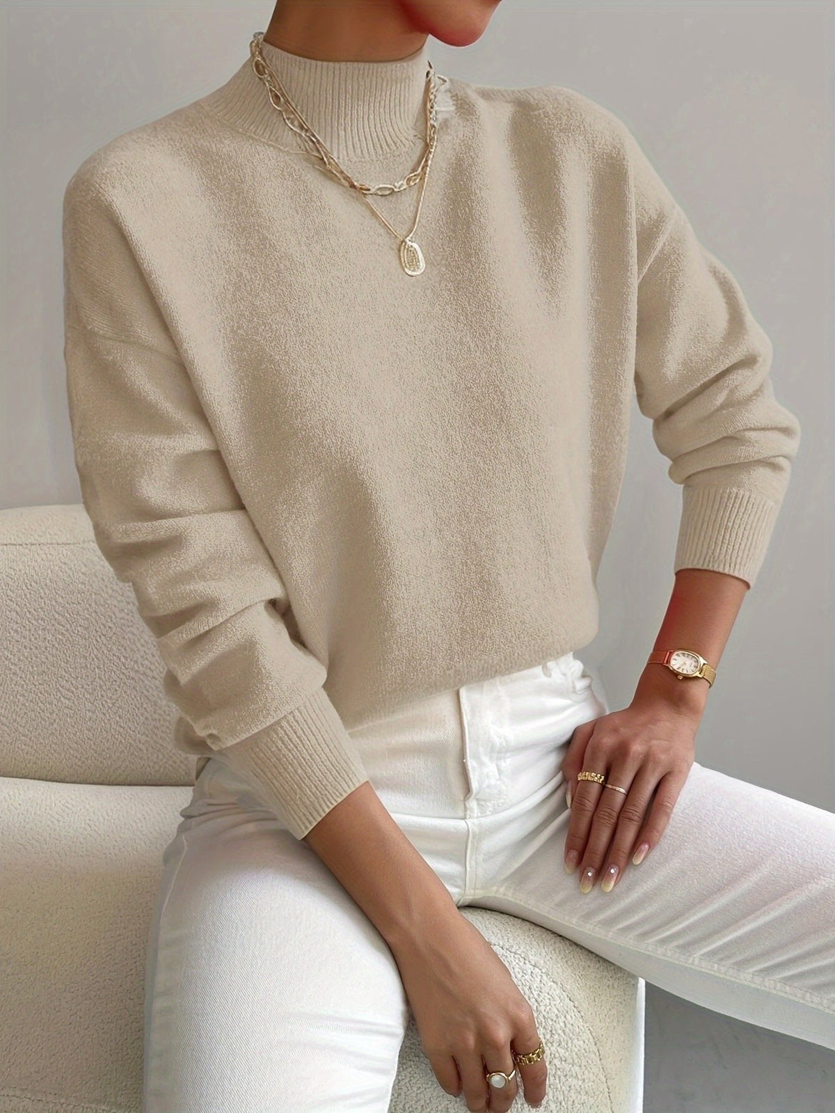 Women's Mock Turtleneck Relaxed Fit Long Sleeve Sweater