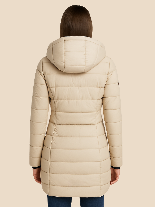 Women's hooded navy quilted longline puffer coat with zip front and angled zip pockets