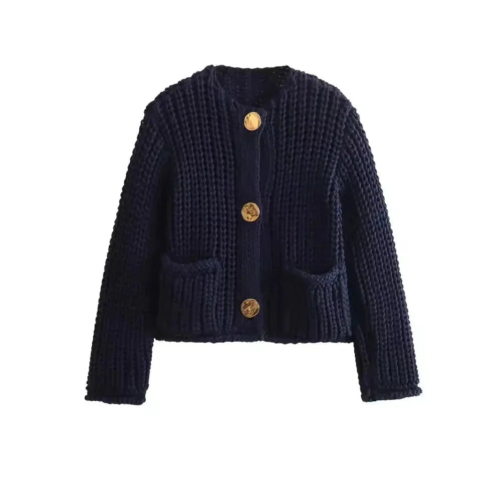 Cardigan boutonné en grosse maille pour femme avec poches