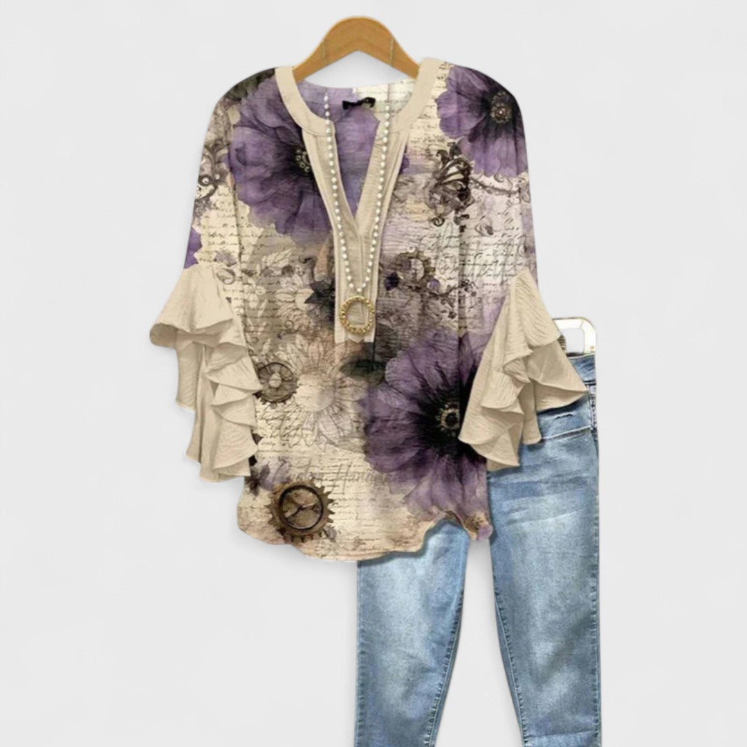 Floral Print Tiered Ruffle Sleeve V-Neck Blouse