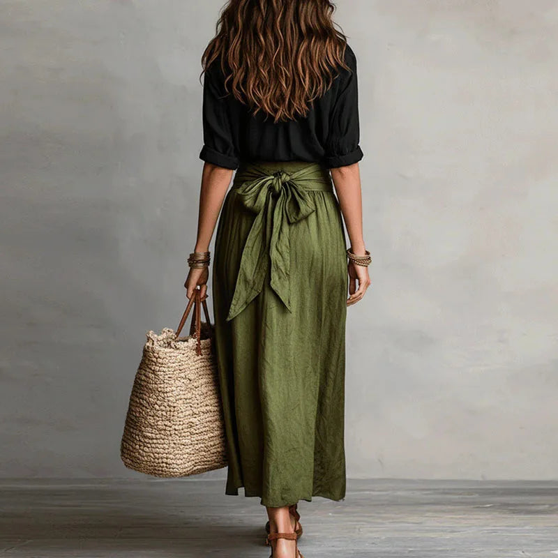 Collared Shirt and Tie Waist Maxi Skirt Set