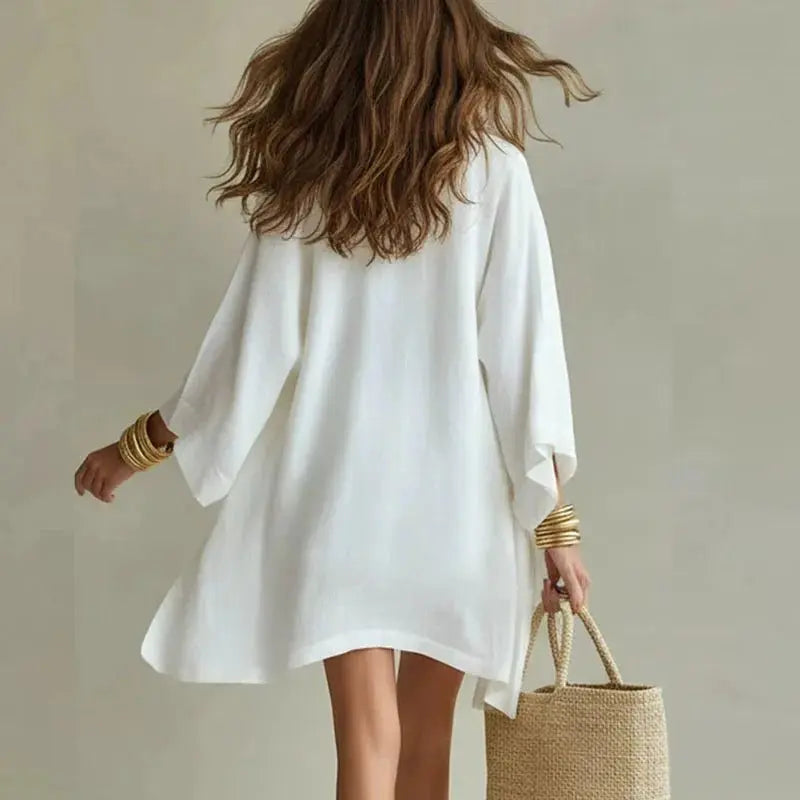 Ensemble trois pièces pour femme en lin : kimono, haut à col en V et short