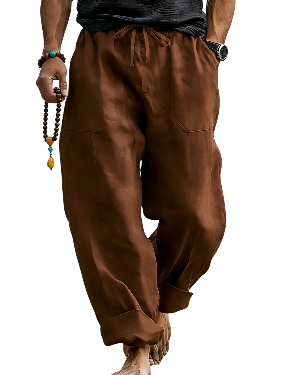Loose Linen Blend Drawstring Trousers with Turn-Up Hem