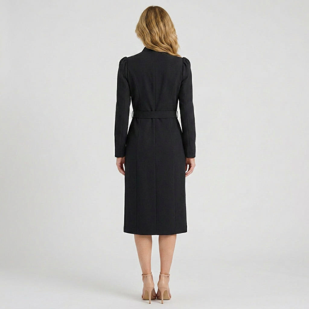Women’s Belted Midi Sheath Dress – V Neck Sleeve Style