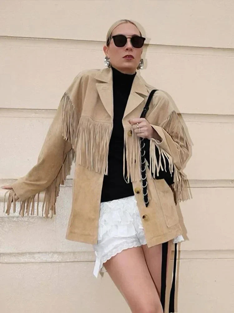 Women's Fringe Trim Suede-Look Jacket