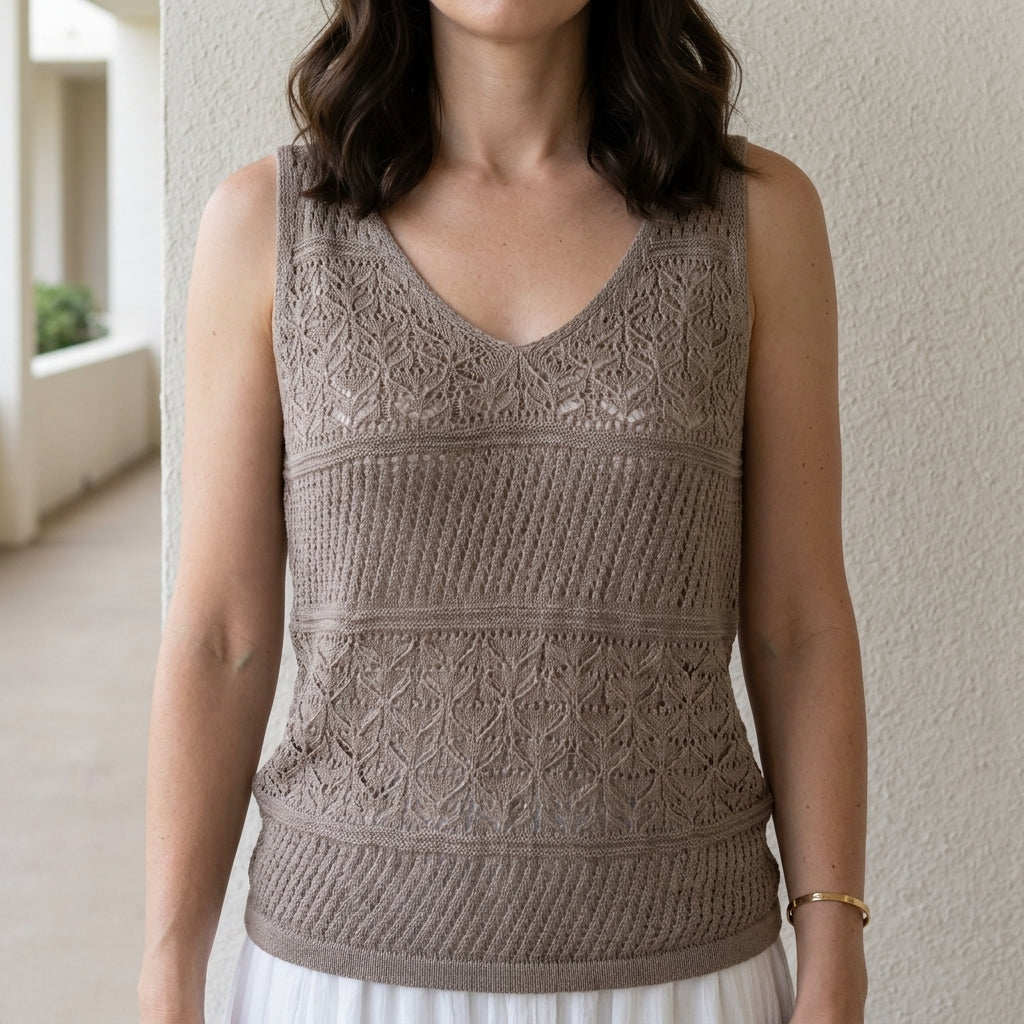 Crochet Knit Sleeveless Tank Top with V-Neck