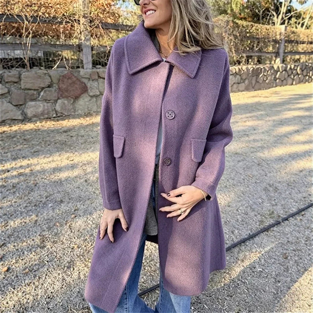 Women's Longline Coat with Flap Pockets and Point Collar