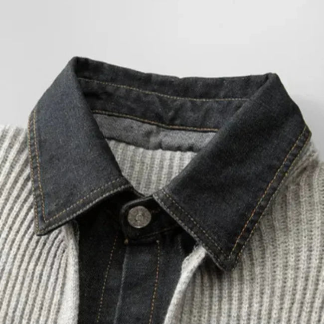 Men's Ribbed Knit Denim Contrast Collar Cardigan
