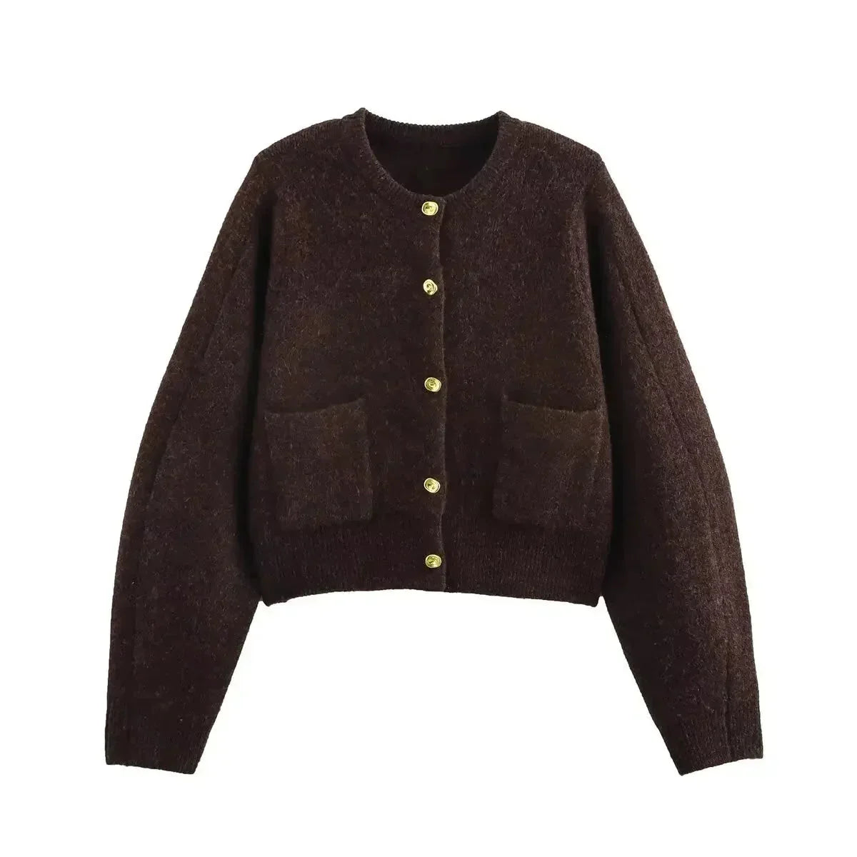 Cardigan en maille court pour femme, à col rond et boutonné
