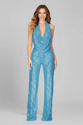 Sequin Halter Cowl Neck Wide Leg Jumpsuit
