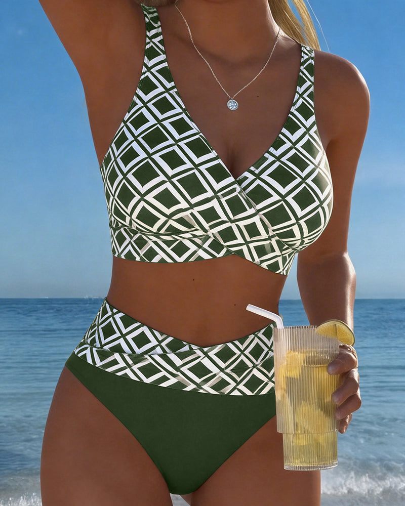 Women's Geometric Print V-Neck High Waisted Bikini Set