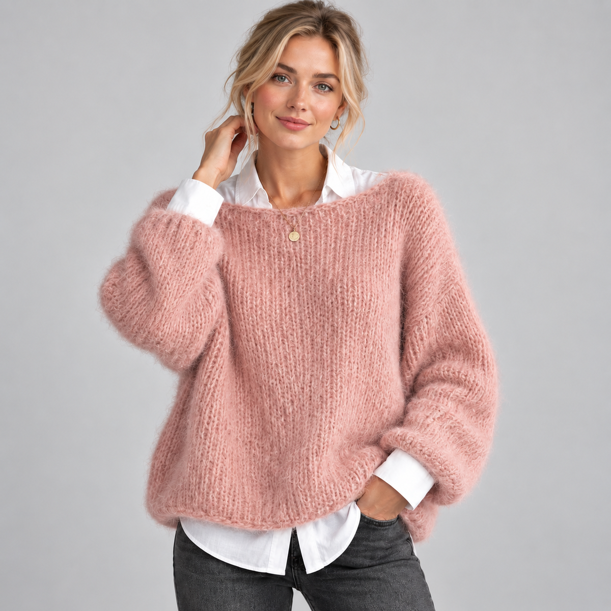 Women's Chunky Fuzzy Knit Boat Neck Sweater