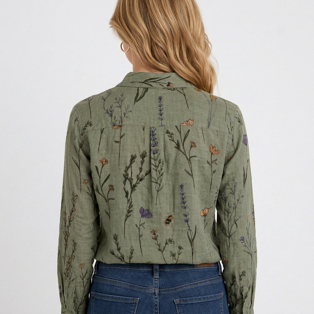 Women’s Printed Button Up Shirt – Collared Long Sleeve Pocket Style