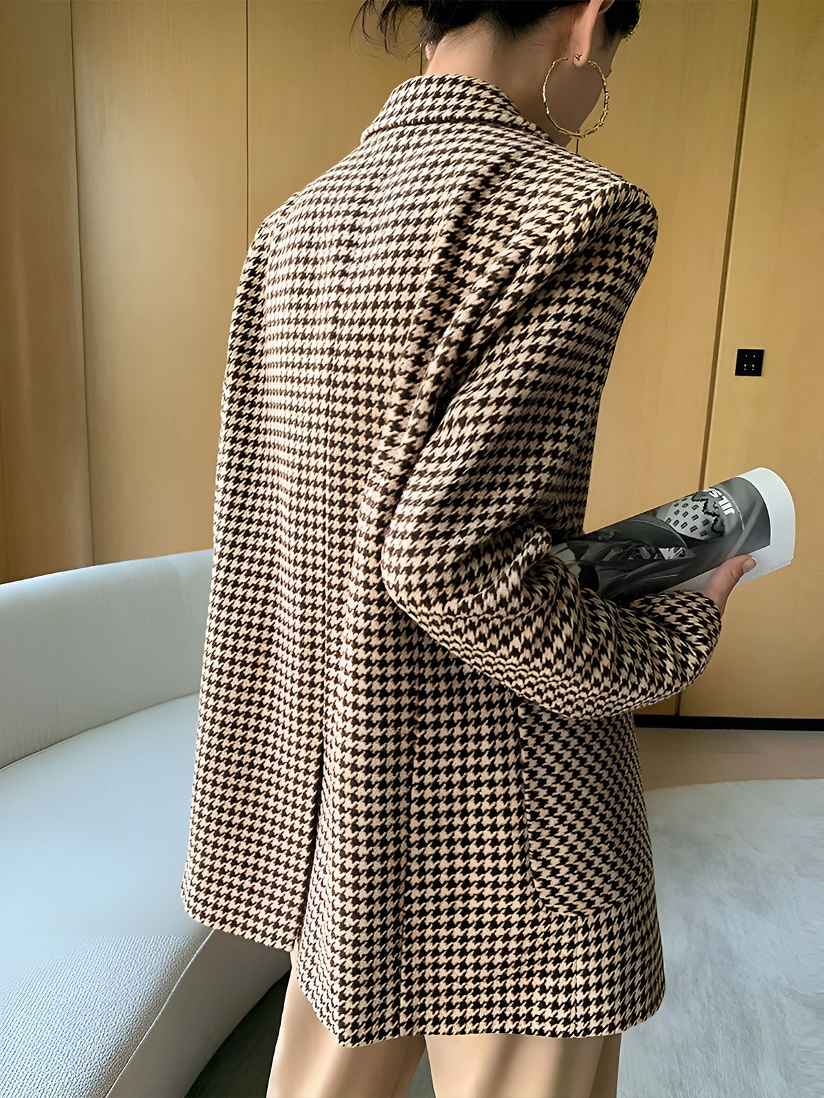 Women's Houndstooth Belted Blazer Jacket