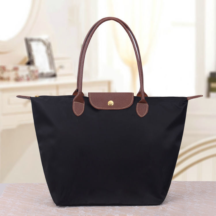 Foldable Nylon Tote Bag with Leather Trim