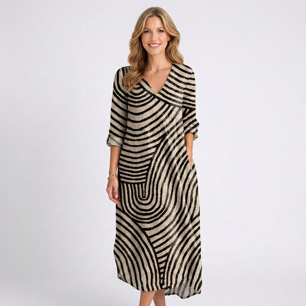 Print Midi Dress Women’s V Neck Relaxed Dress