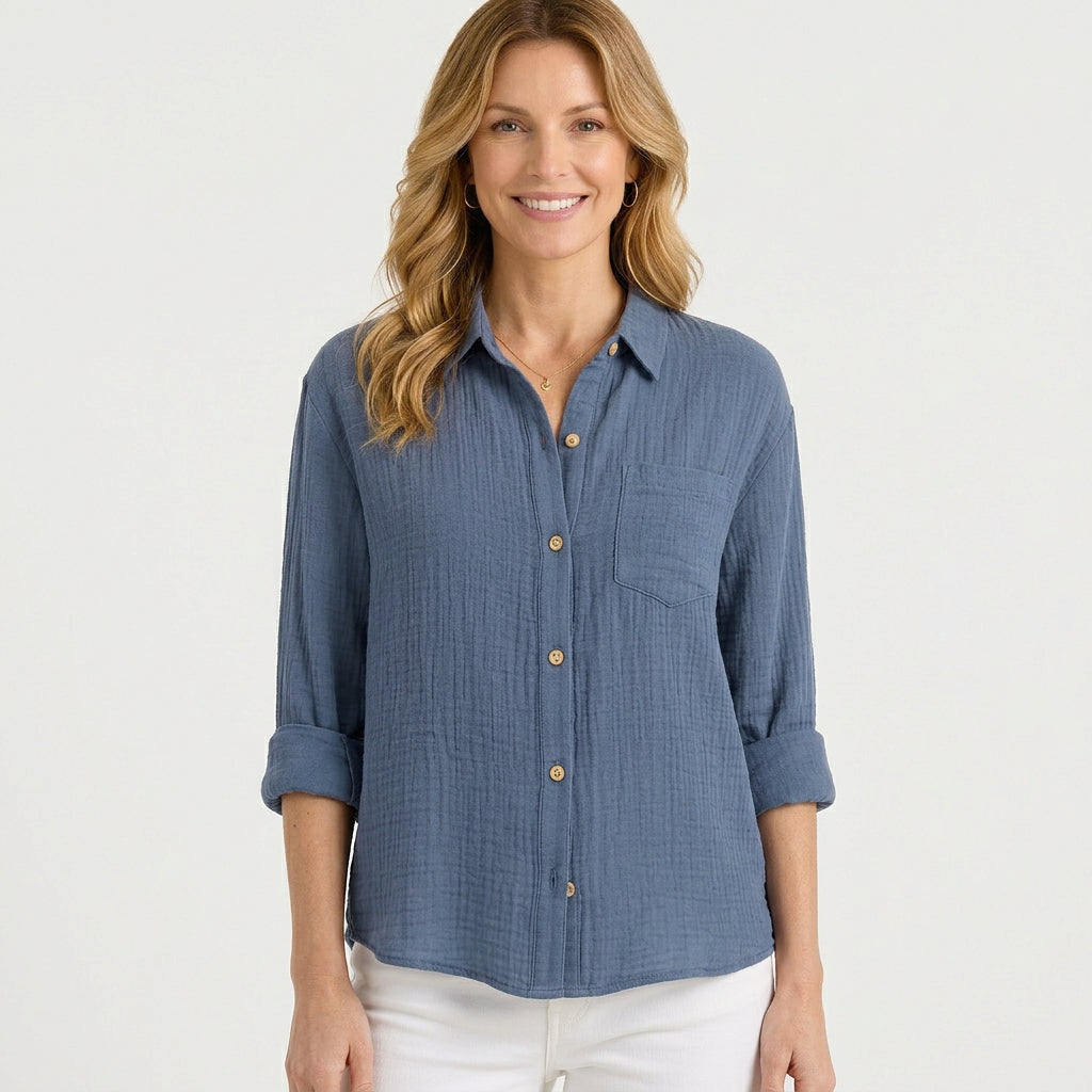 Women’s Relaxed Button Up Shirt – Collared Long Sleeve Pocket Style
