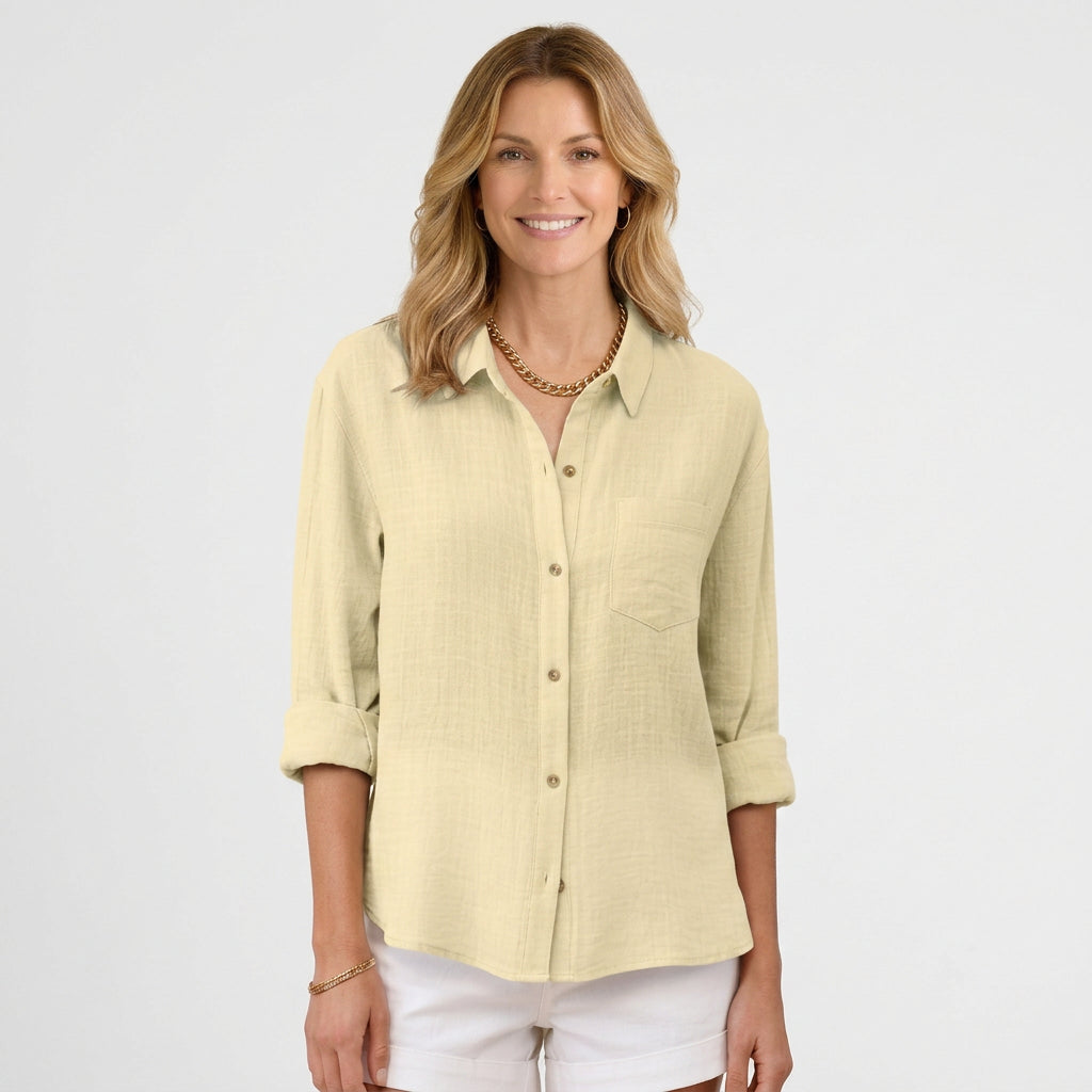 Women’s Relaxed Button Up Shirt – Collared Long Sleeve Pocket Style