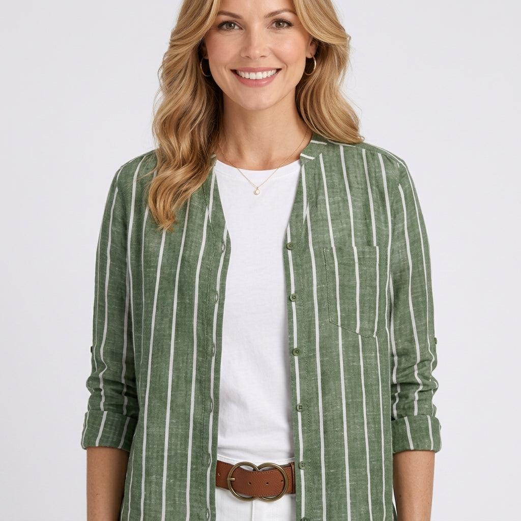 Women’s Striped Split Neck Blouse – Roll Tab Sleeve Tunic Style