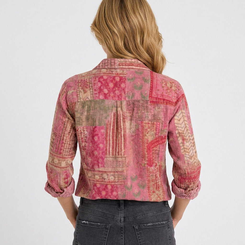 Women’s Printed Button Up Shirt – Collared Long Sleeve Pocket Style