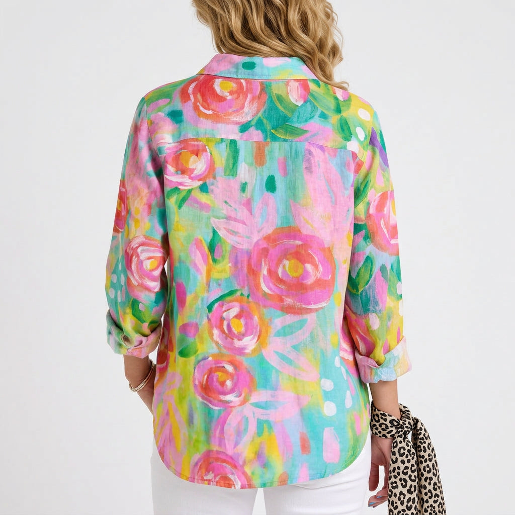 Women’s Printed Button Up Shirt – Long Sleeve Collared Blouse Style