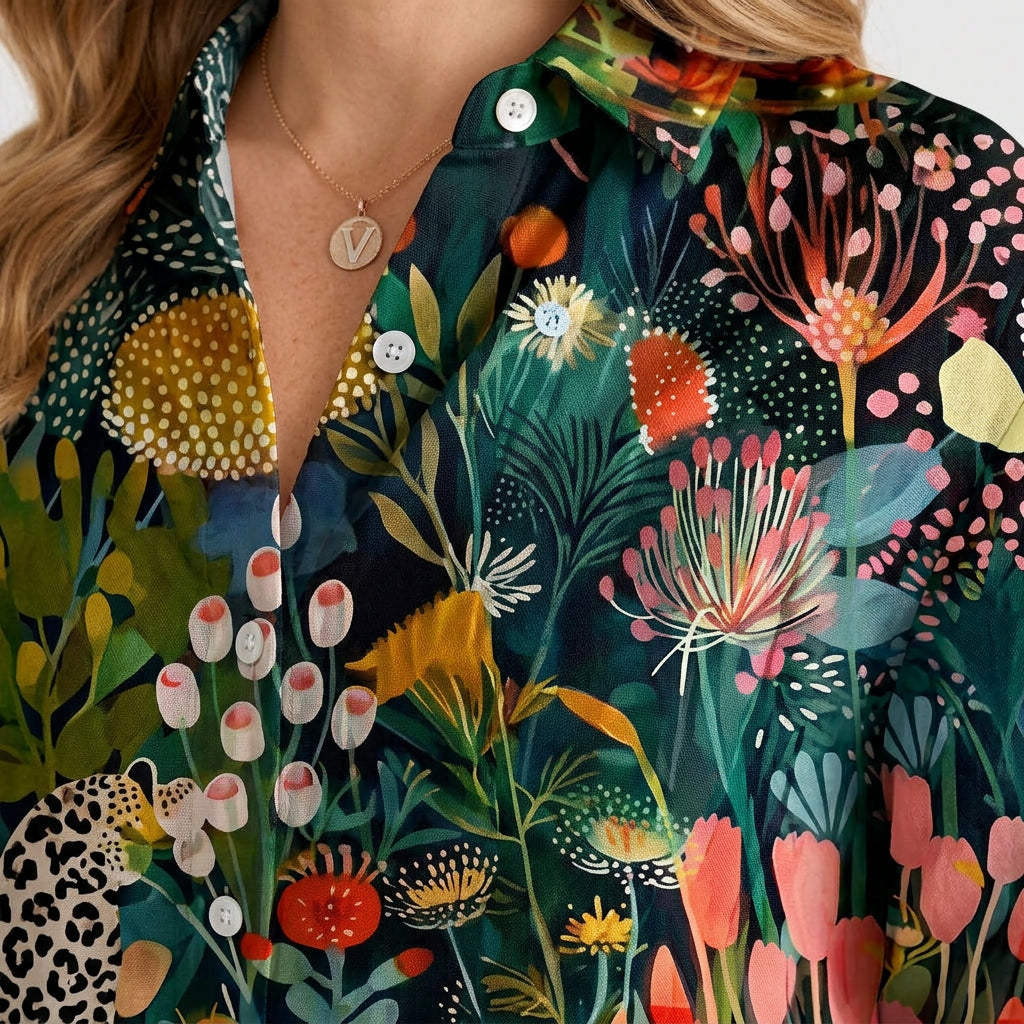 Women’s Printed Button Up Shirt – Long Sleeve Collared Blouse Style