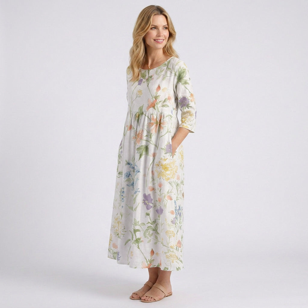 Women’s Floral Print Midi Dress – Short Sleeve Smock Style
