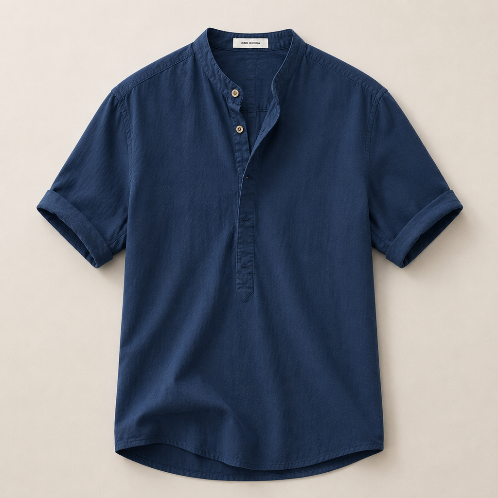 Short Sleeve Linen Henley Shirt with Band Collar