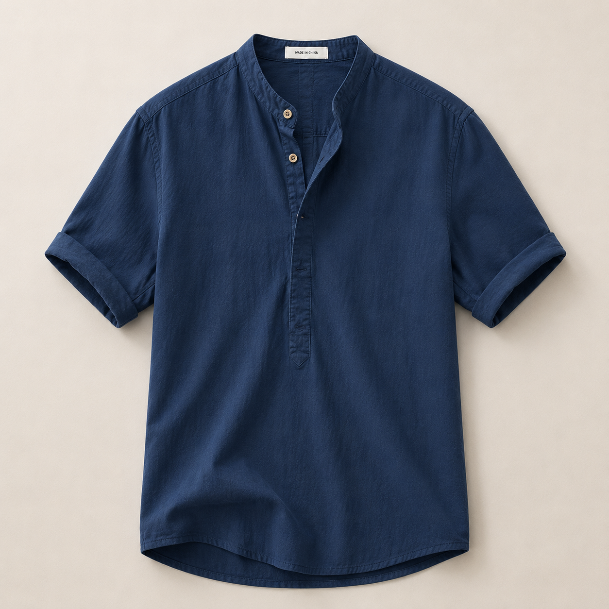 Short Sleeve Linen Henley Shirt with Band Collar