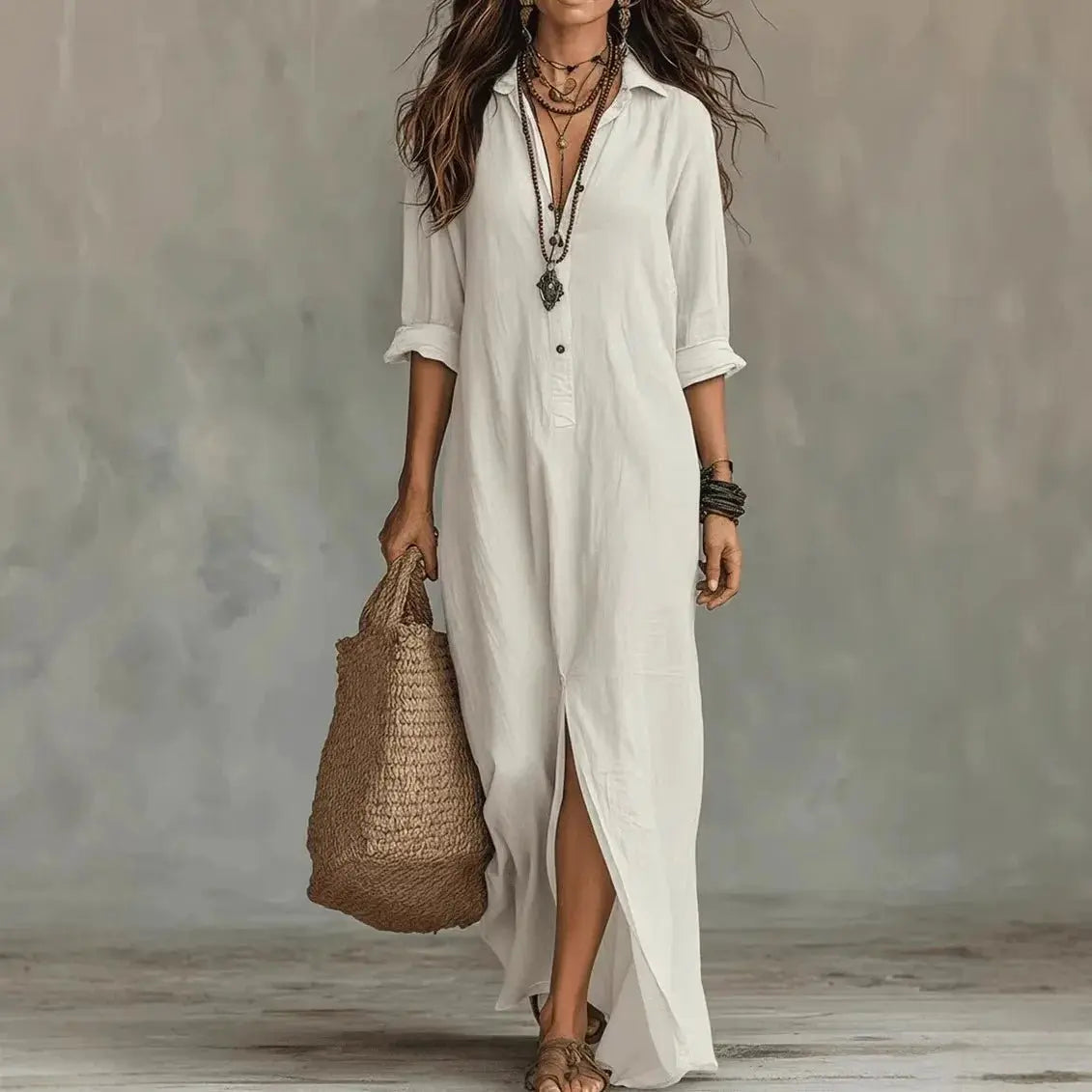 Robe longue-chemise en lin pour femme, à col et ourlet fendu