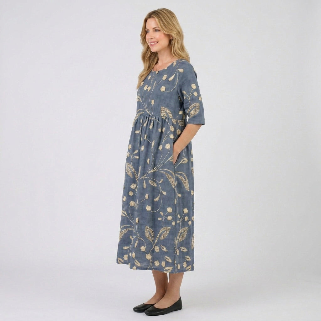 Women’s Floral Print Midi Dress – Short Sleeve Smock Style