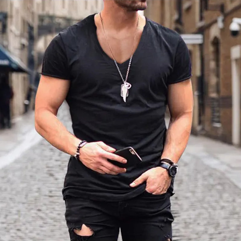 Men's slim fit solid V-neck short sleeve T-shirt