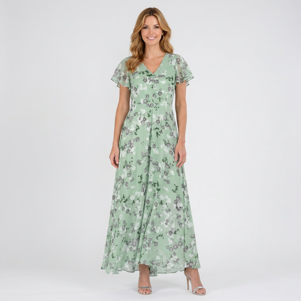 Women’s Floral Maxi Dress – V Neck Flutter Sleeve Long Dress