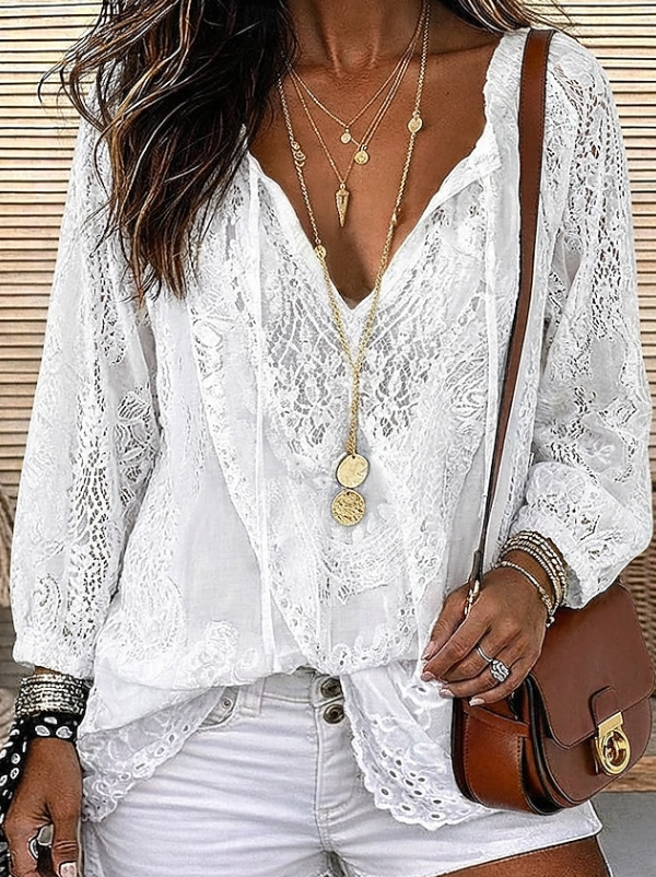 Women's Deep V-Neck Floral Lace Long Sleeve Blouse