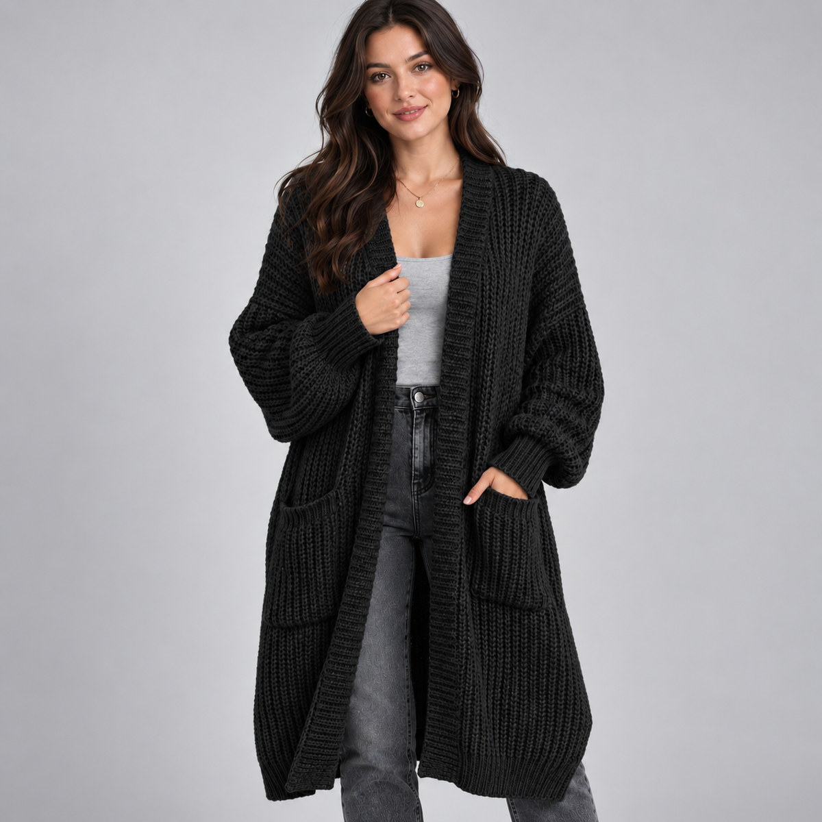 Women's Longline Chunky Knit Open Cardigan