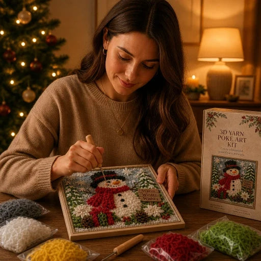 Square raised yarn Christmas frame with snowman and winter village scenes