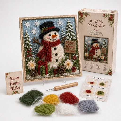 Square raised yarn Christmas frame with snowman and winter village scenes