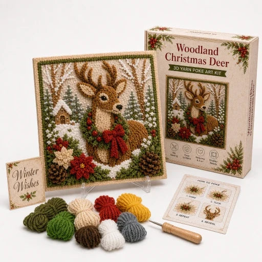 Square raised yarn Christmas frame with snowman and winter village scenes