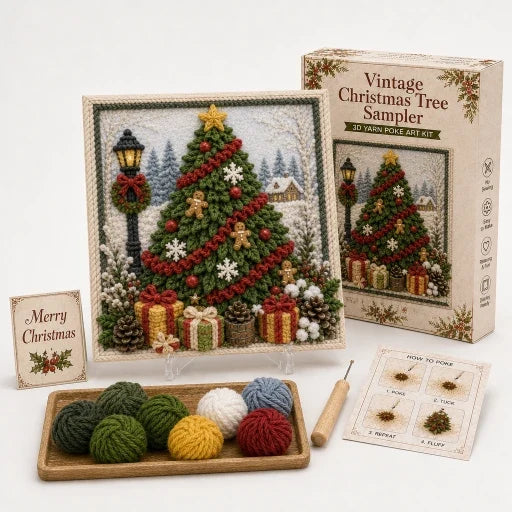 Square raised yarn Christmas frame with snowman and winter village scenes