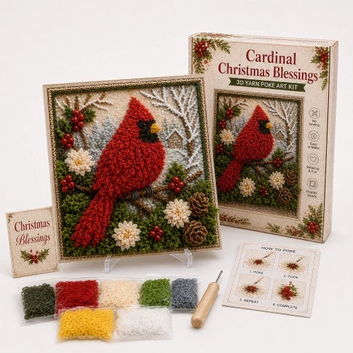 Square raised yarn Christmas frame with snowman and winter village scenes