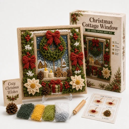 Square raised yarn Christmas frame with snowman and winter village scenes