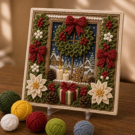 Square raised yarn Christmas frame with snowman and winter village scenes