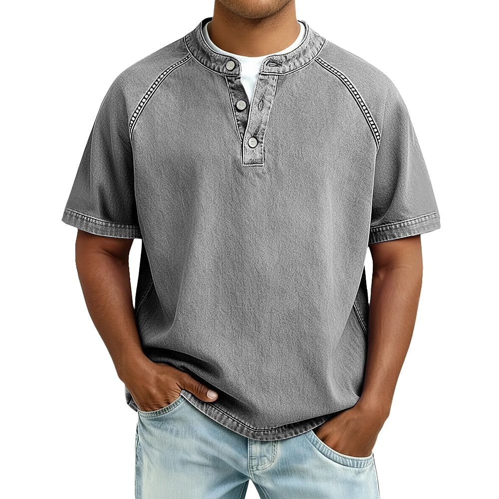 Oversized Washed Henley T-Shirt with Raglan Sleeves