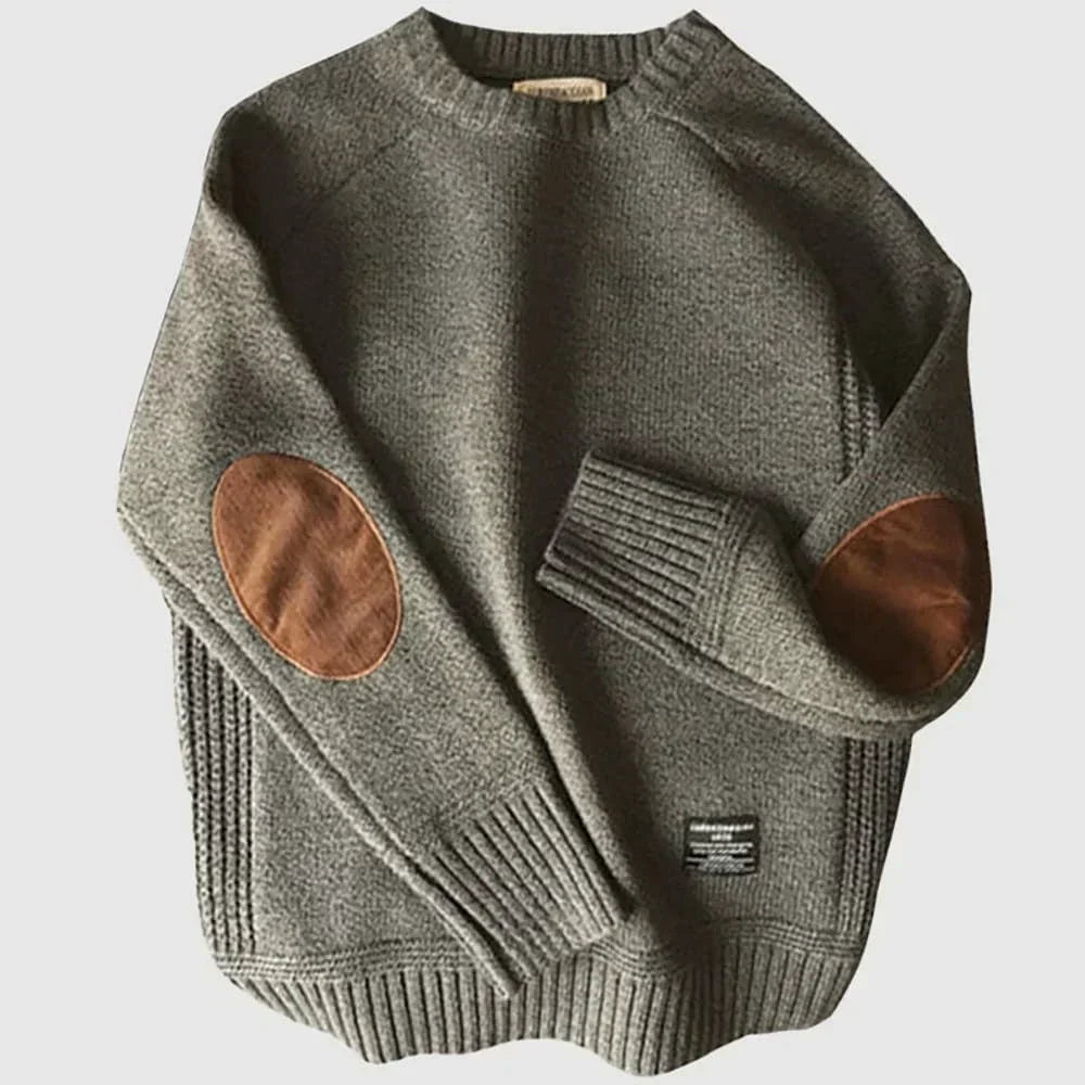 Men’s Crew Neck Knit Sweater with Elbow Patches