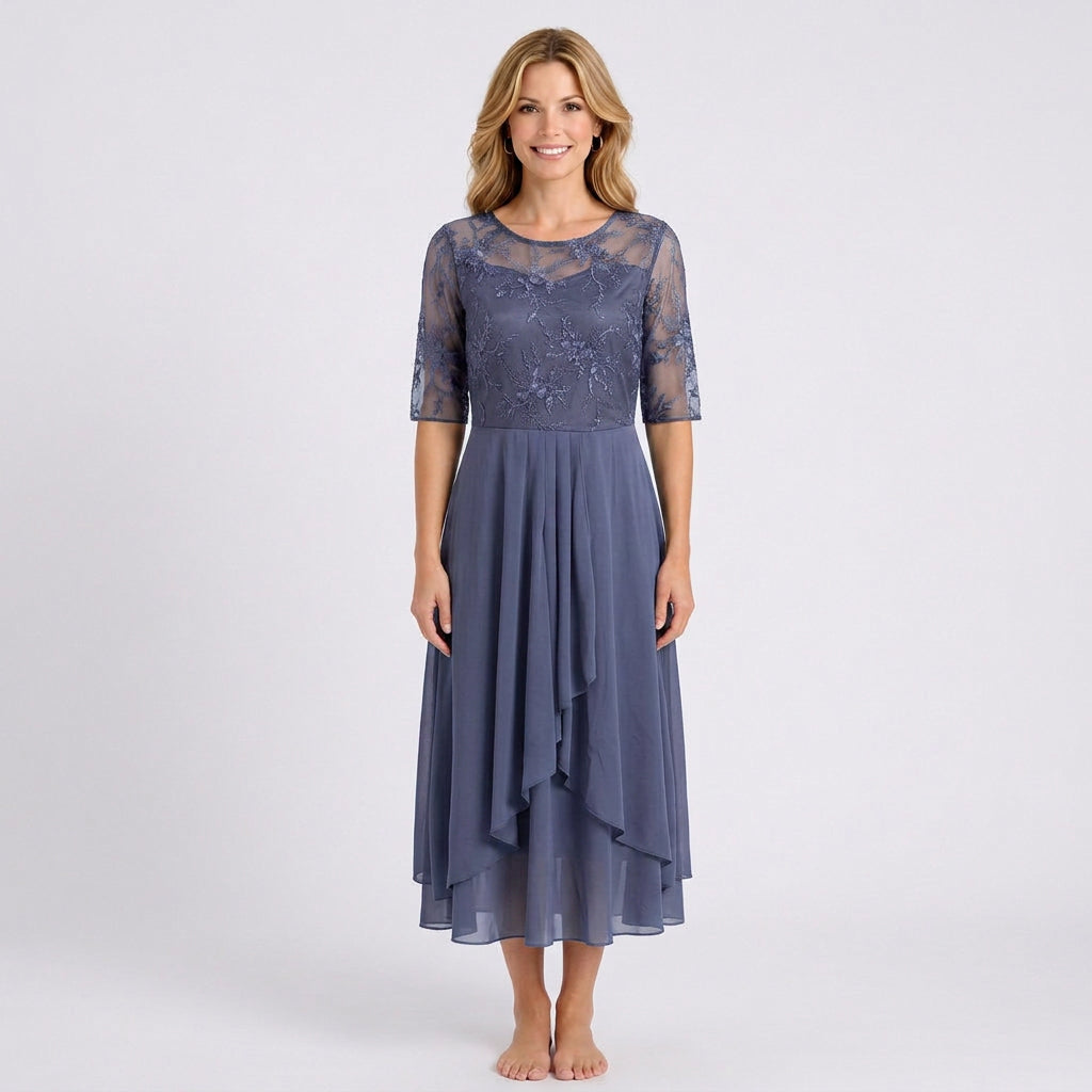 Lace Bodice Midi Dress – Sheer Sleeve Occasion Style